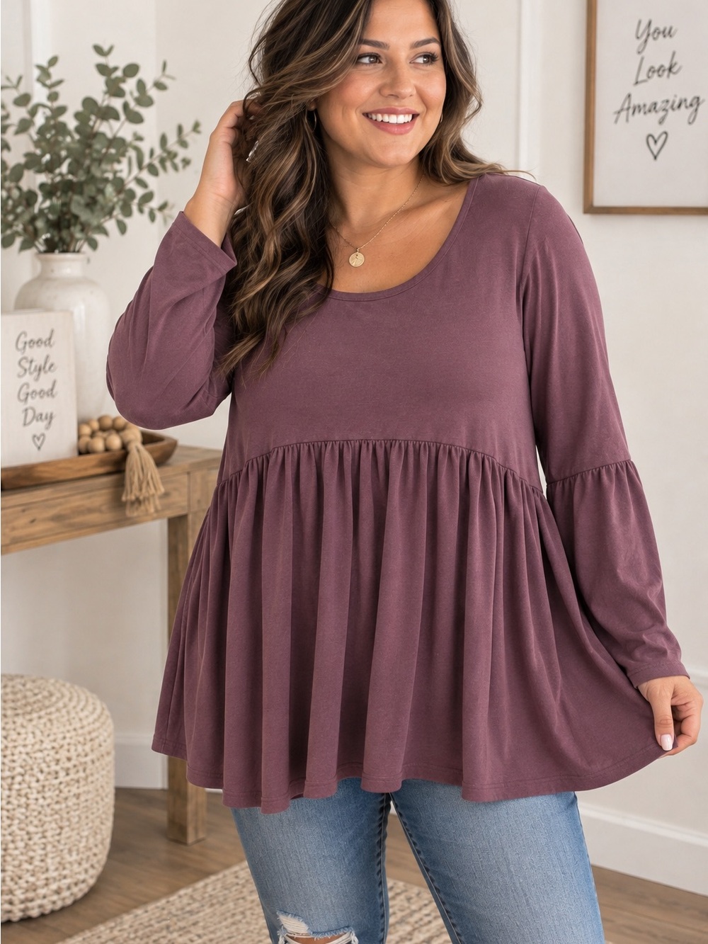 Zenana Premium 1X Plum Babydoll Tunic Top Long Sleeve Flowy Cottagecore Casual